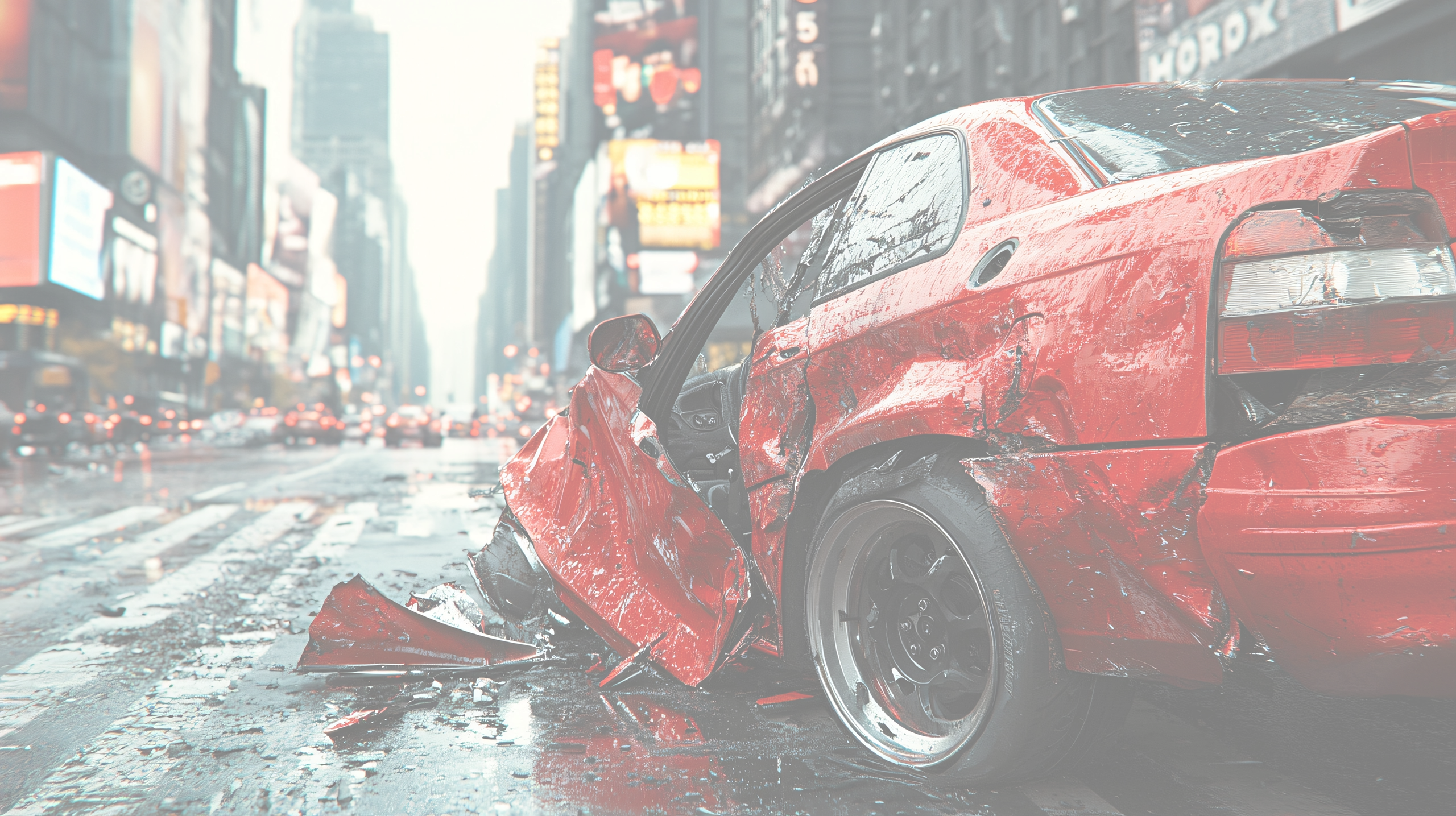 Damaged car in Time Square after an accident